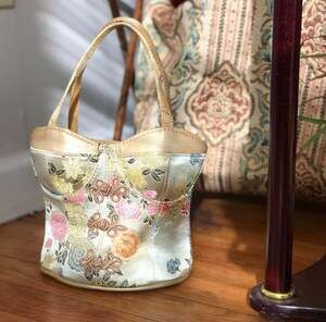 Handmade Kimono Obi Bag Remake Tote Bag Gold Traditional Pattern